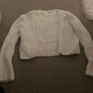White fuzzy crop v neck sweater